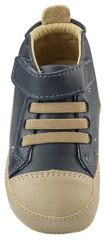 Old Soles Boy's High Ball Premium Leather First Walker Sneaker Shoes, Navy/Taupe