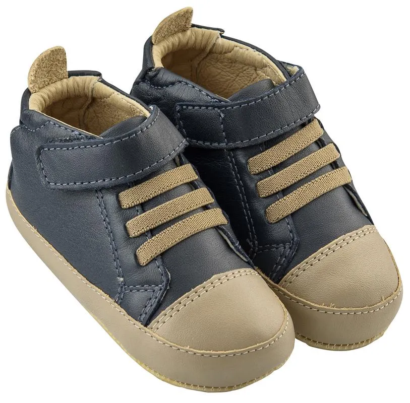 Old Soles Boy's High Ball Premium Leather First Walker Sneaker Shoes, Navy/Taupe