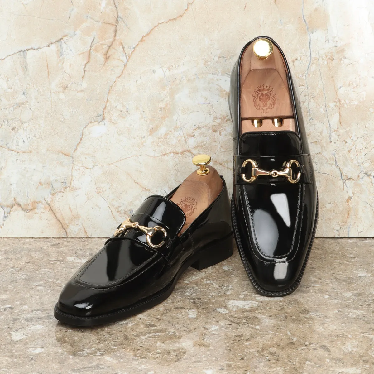 Patent Black Leather Horse-bit Penny Loafers