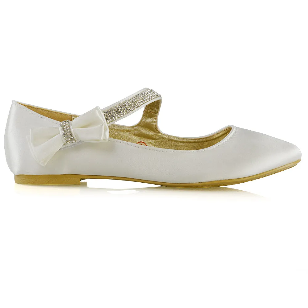 Poppy-Faye Embellished Bow Detail Diamante Strap Wedding Pumps Flat Bridal Shoes in White Satin