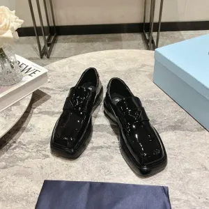 PRA SQUARE HEAD LACE-UP LOAFERS GLOSSY BLACK CALFSKIN