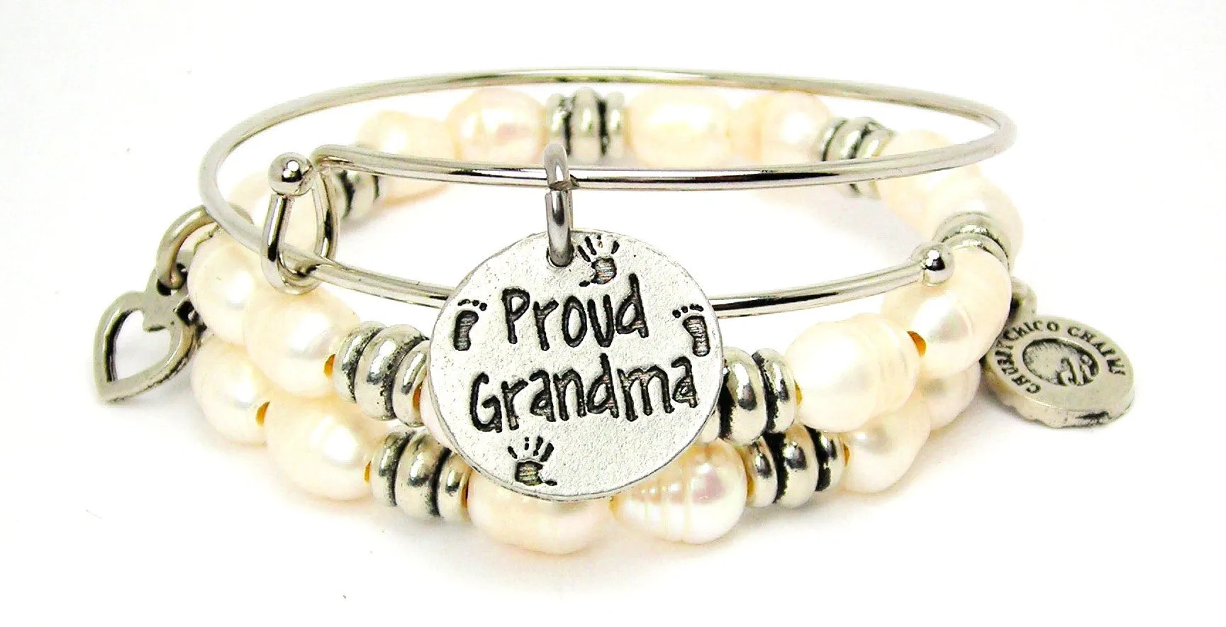 Proud Grandma Fresh Water Pearls Expandable Bangle Bracelet Set