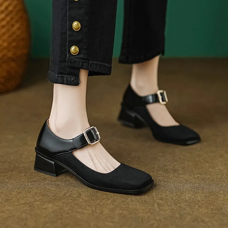 Purpdrank - 2023 New Spring Women Shoes Loafers Casual Chunky Heels Shoes for Women Square Toe Shoes Buckle Strap Women Pumps Mary Jane