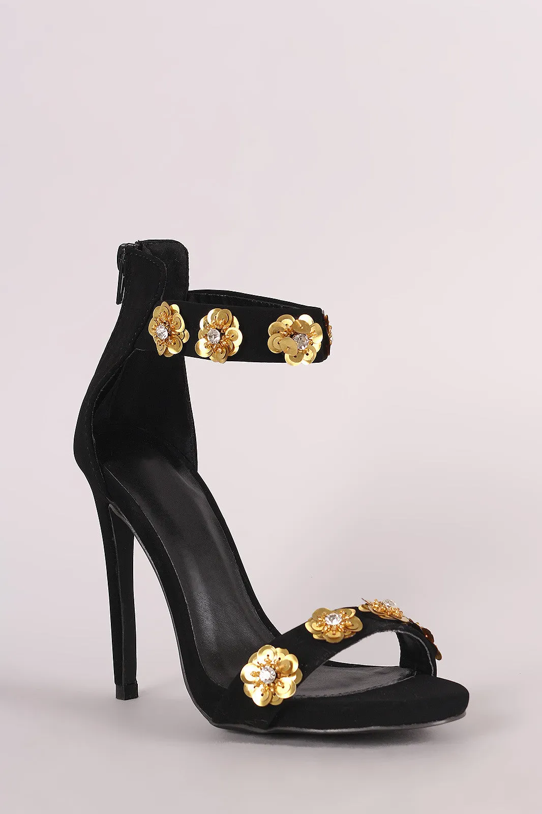 Qupid Nubuck Sequin Floral Applique Ankle Strap Stiletto Heel