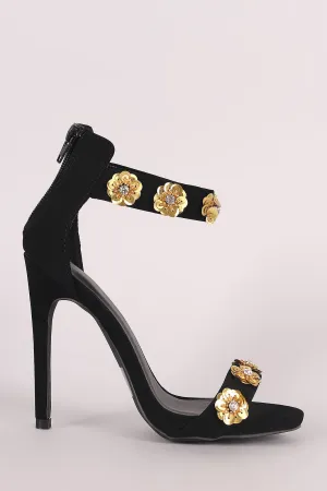 Qupid Nubuck Sequin Floral Applique Ankle Strap Stiletto Heel