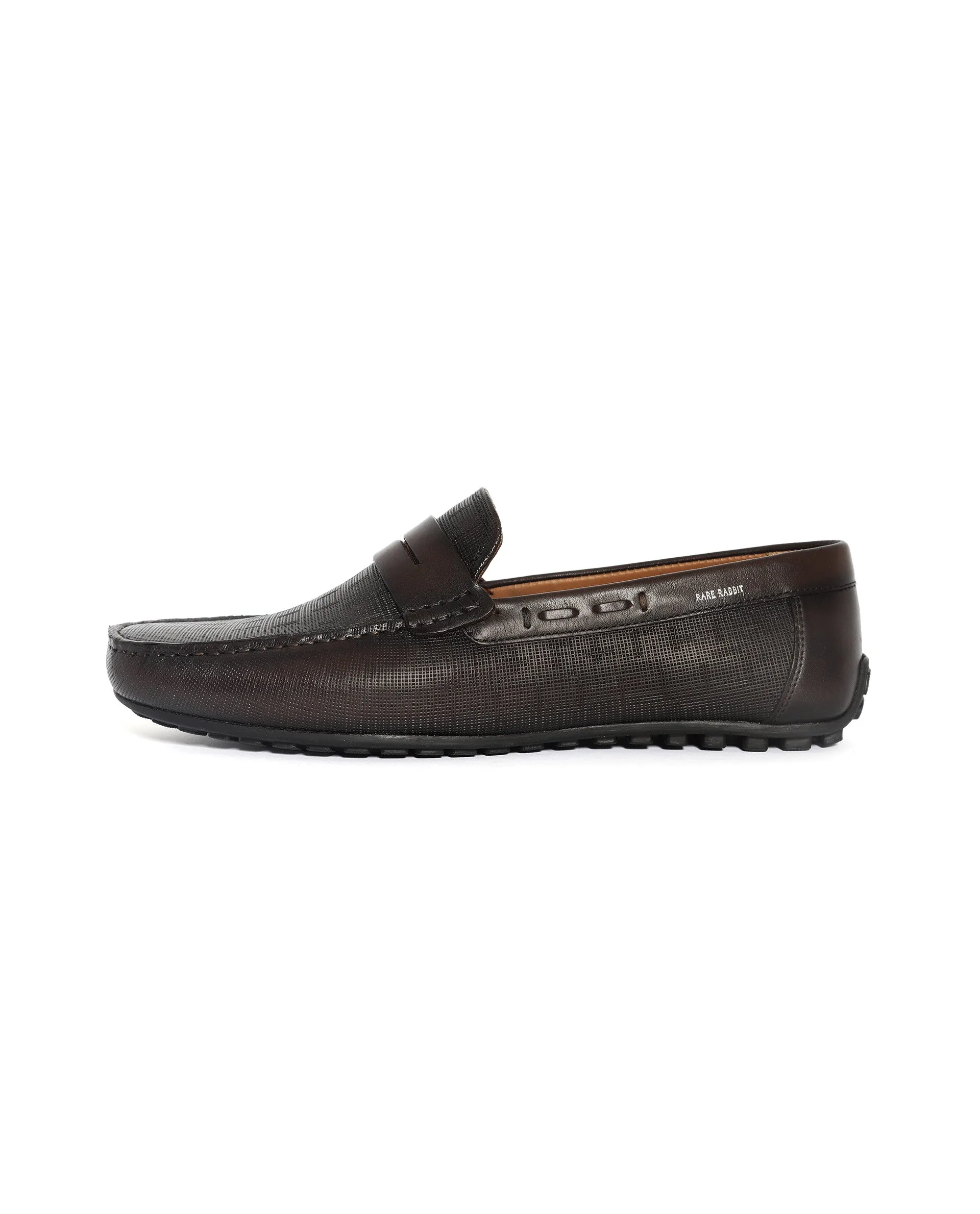 Rare Rabbit Men's Saffian Brown Slip-On Textured Genuine Leather Driver Moccasin