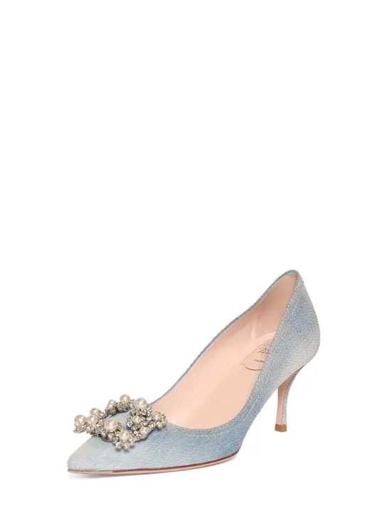 Roger Vivier   65mm Flower crystal &amp; denim pumps 