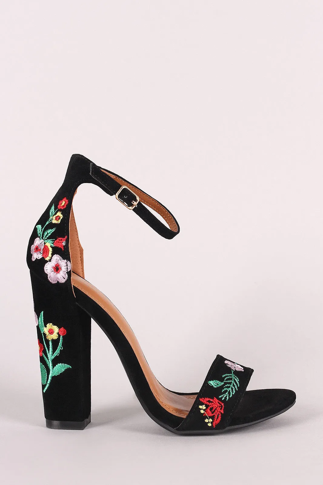 Shoe Republic LA Embroidered Floral Suede Chunky Heel