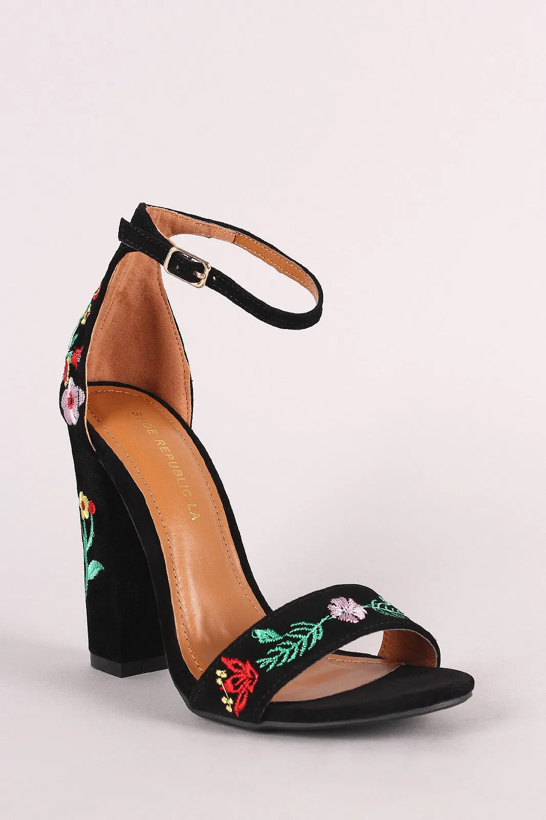 Shoe Republic LA Embroidered Floral Suede Chunky Heel