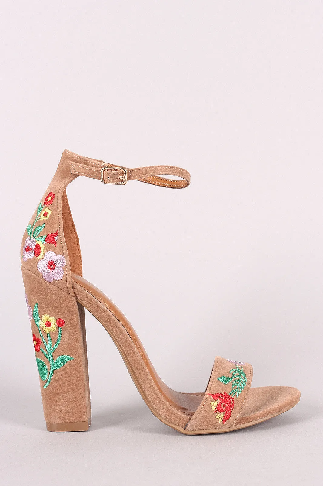 Shoe Republic LA Embroidered Floral Suede Chunky Heel