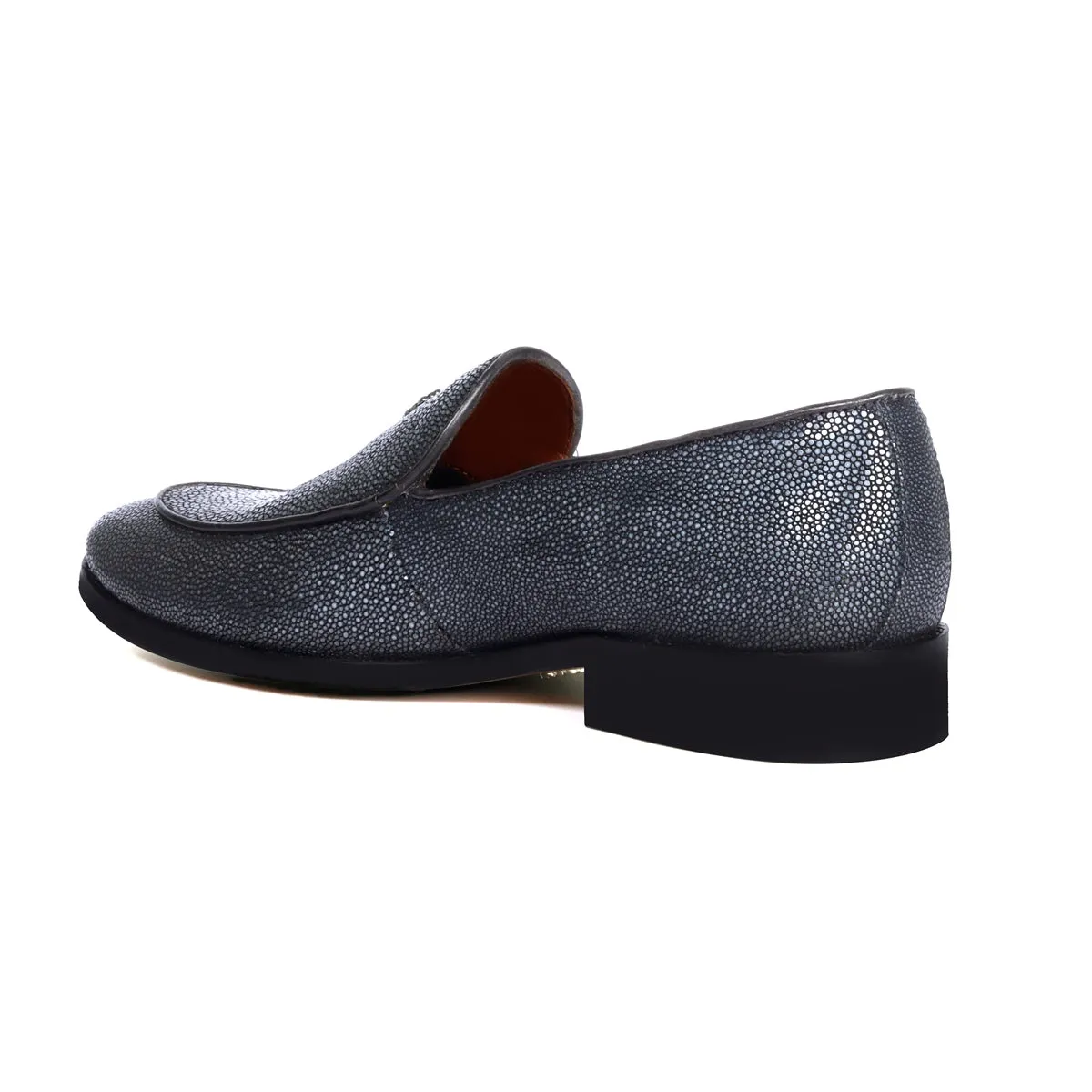 Sleek Round Toe Penny Loafer in Premium Stingray Fish Grey Leather Slip-On