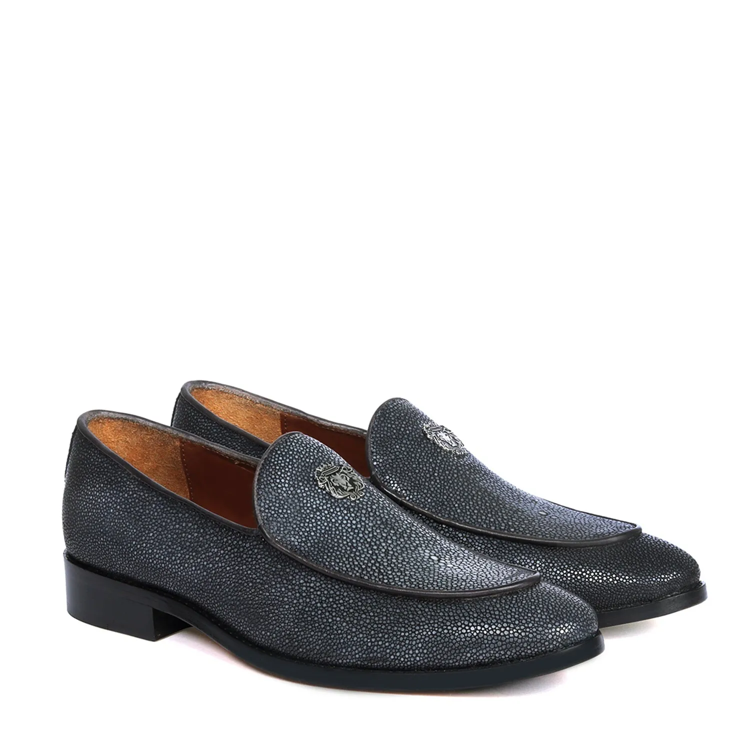 Sleek Round Toe Penny Loafer in Premium Stingray Fish Grey Leather Slip-On