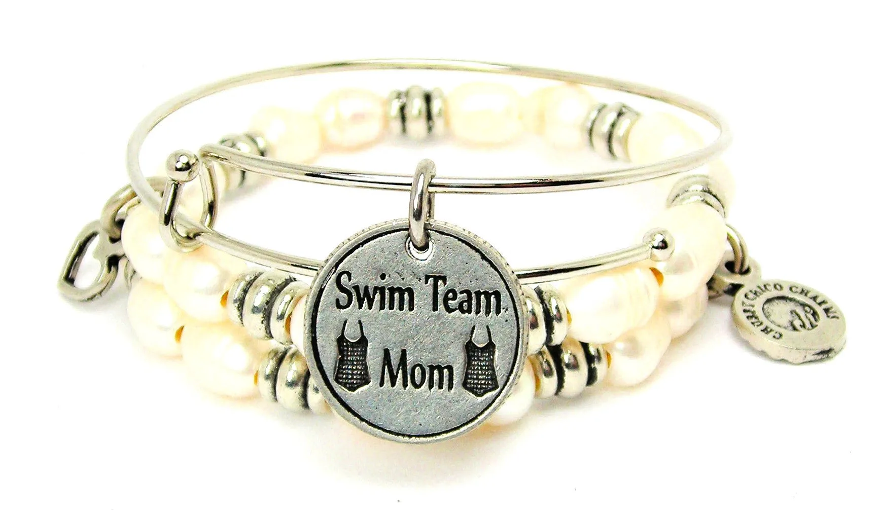 Swim Team Mom Fresh Water Pearls Expandable Bangle Bracelet Set