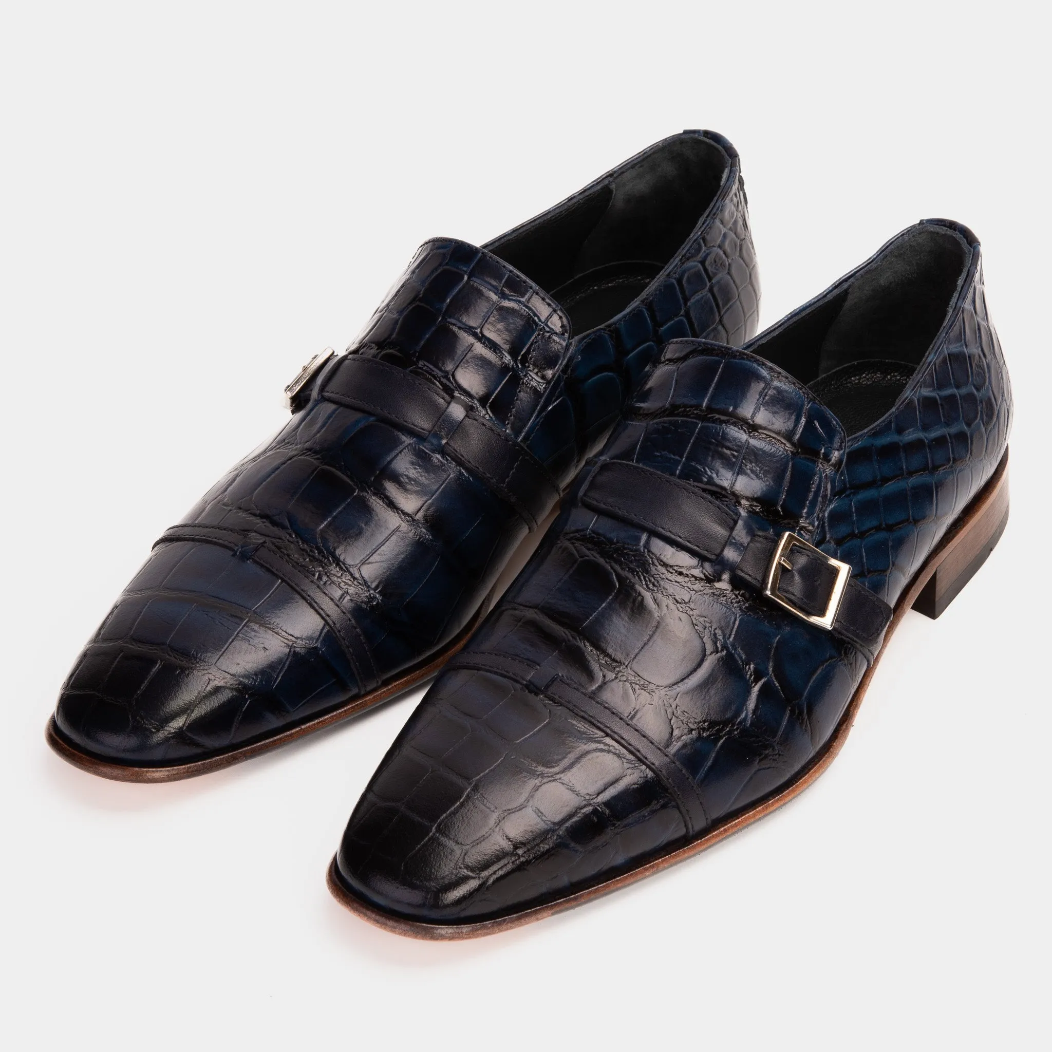 The Strat Single Monk Strap Cap Toe Navy Leather Handmade Men Shoe