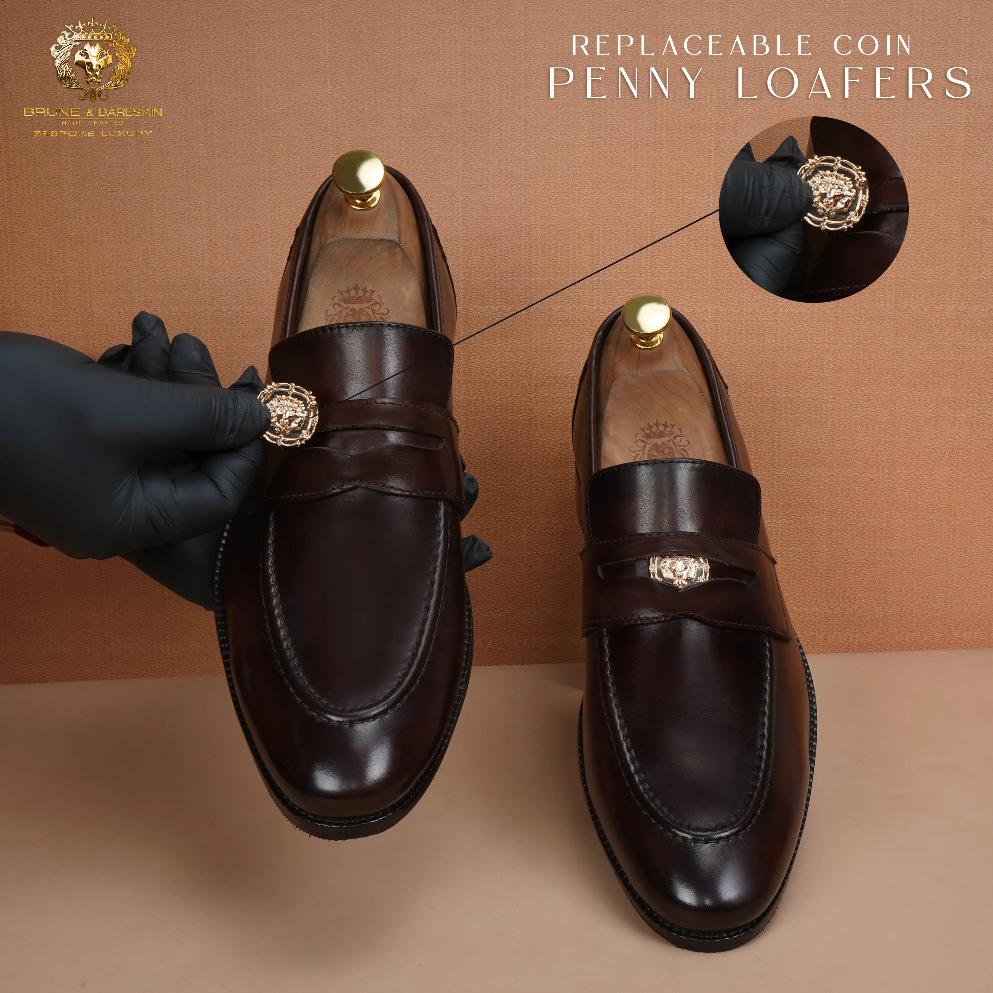 Trademark Lion Logo Penny Loafers in Dark Brown Leather