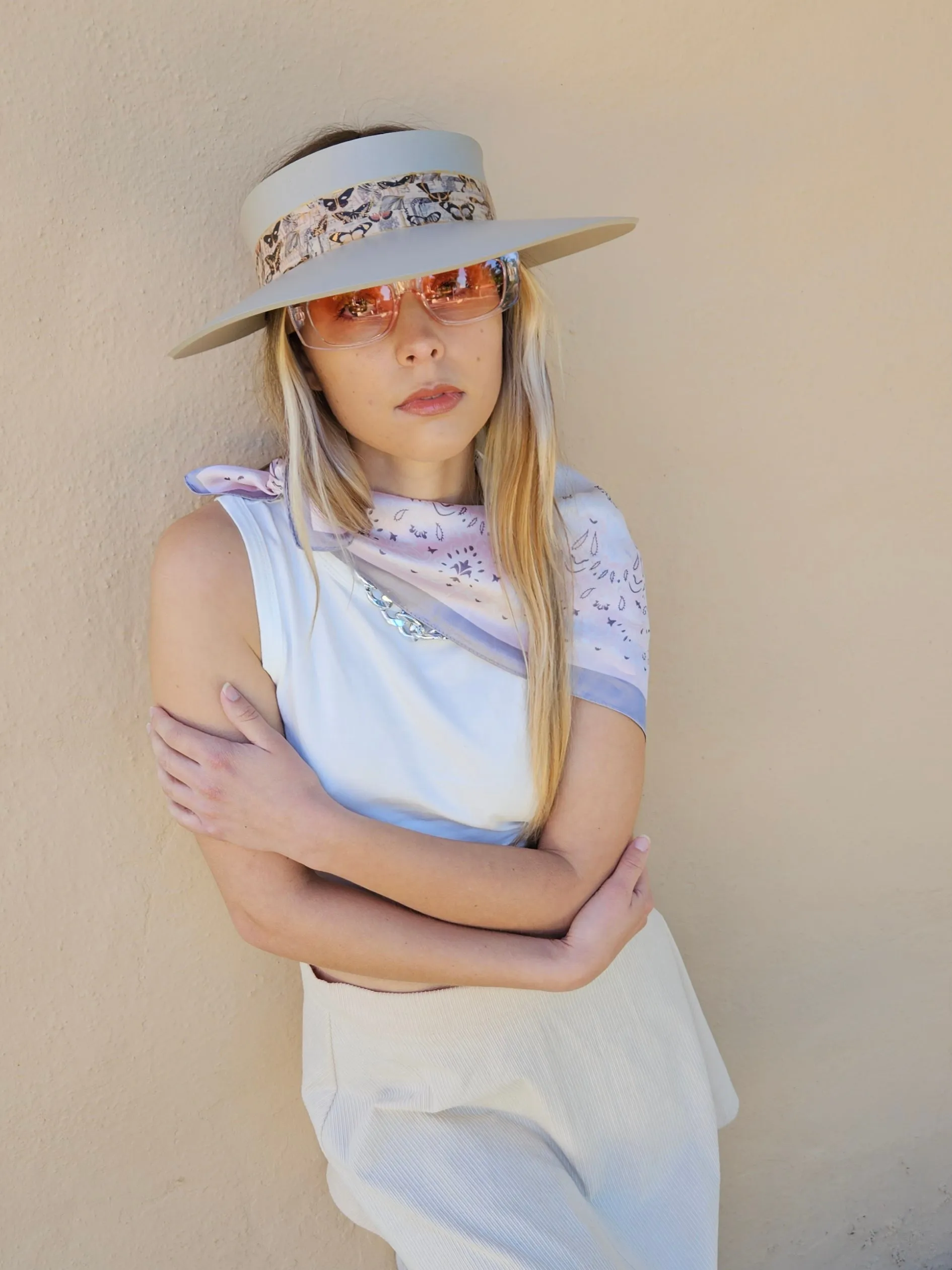 Truly Taupe "LadyEVA" Visor Hat with Pink Butterfly Band