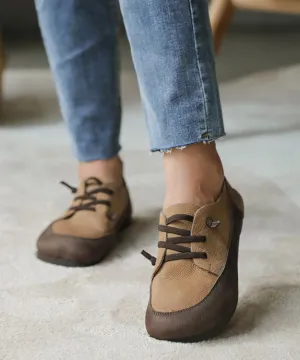 Vintage Cross Strap Flat Feet Shoes Apricot Cowhide Leather