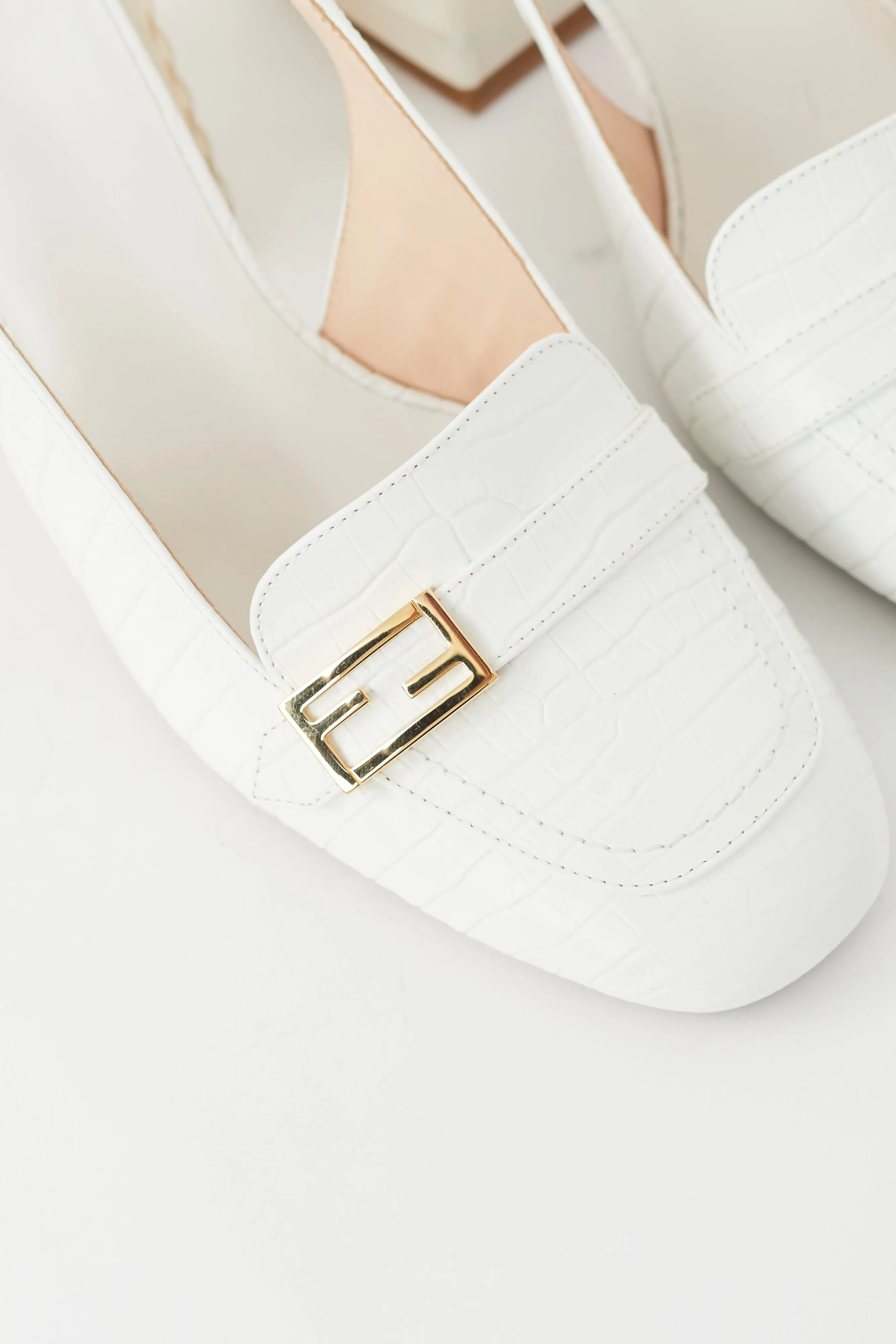 White Embossed Promenade Slingback Loafer Heel