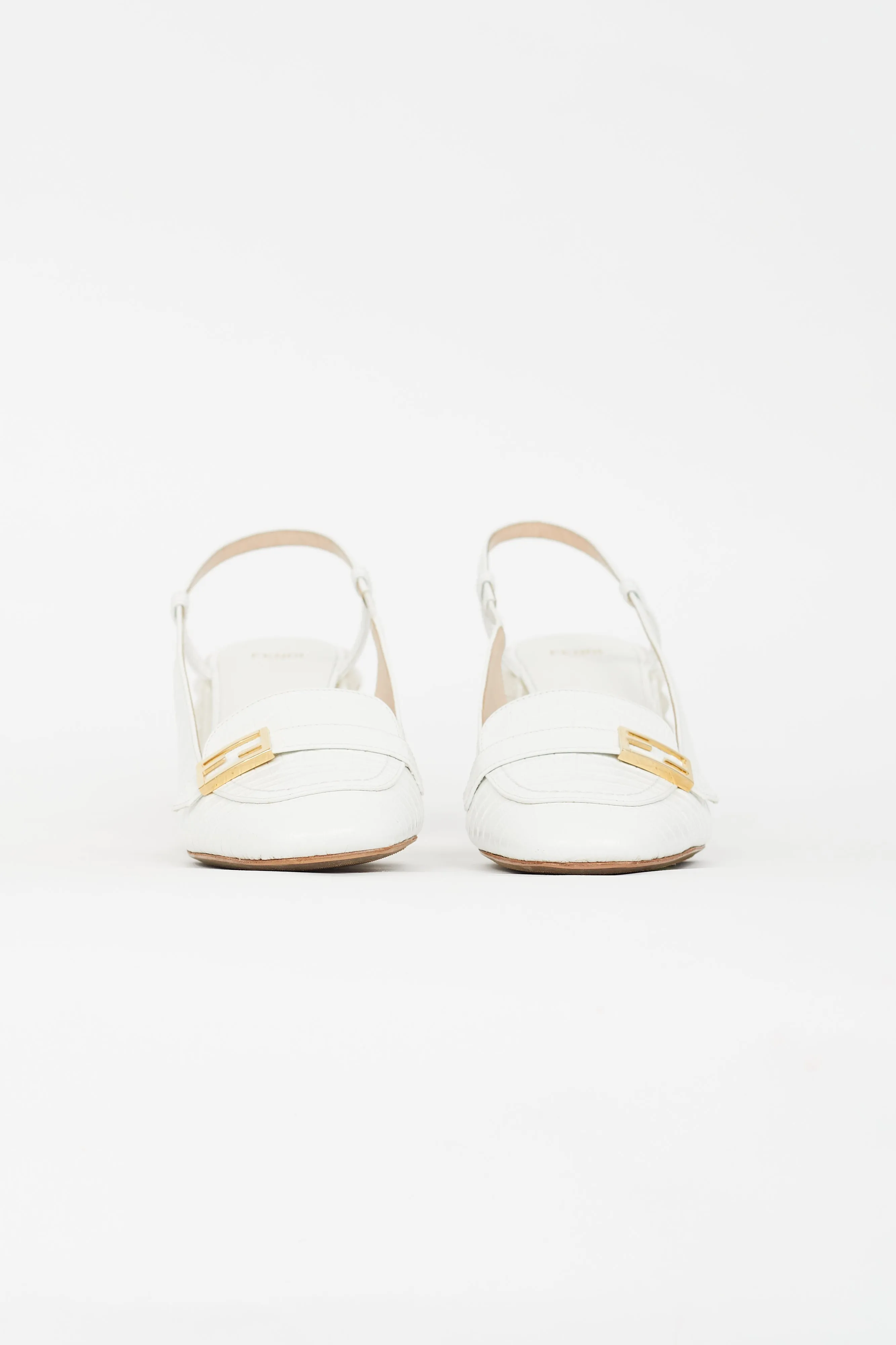 White Embossed Promenade Slingback Loafer Heel