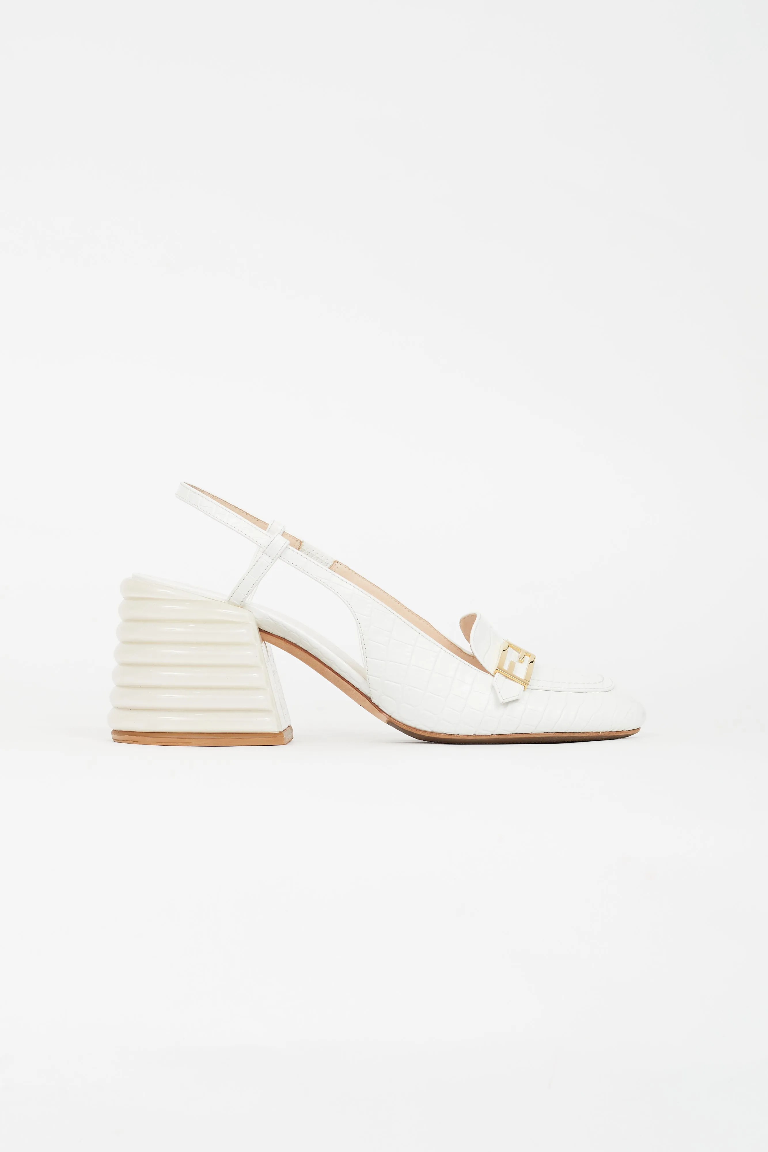 White Embossed Promenade Slingback Loafer Heel