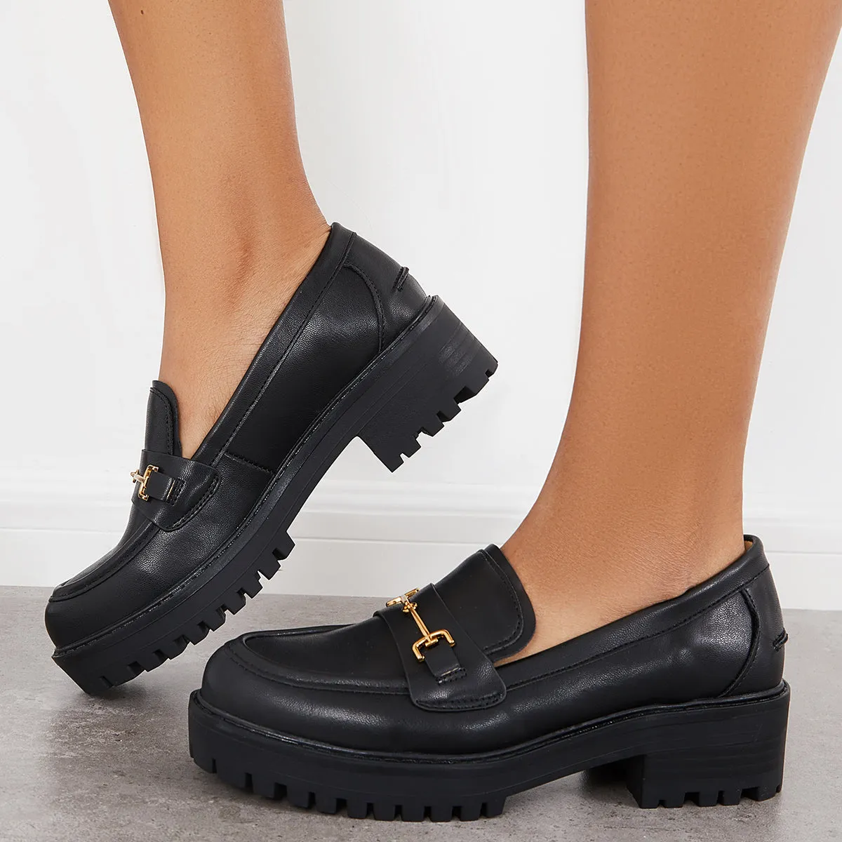 Women Platform Chunky Heel Penny Loafers Round Toe Lug Sole Work Shoes