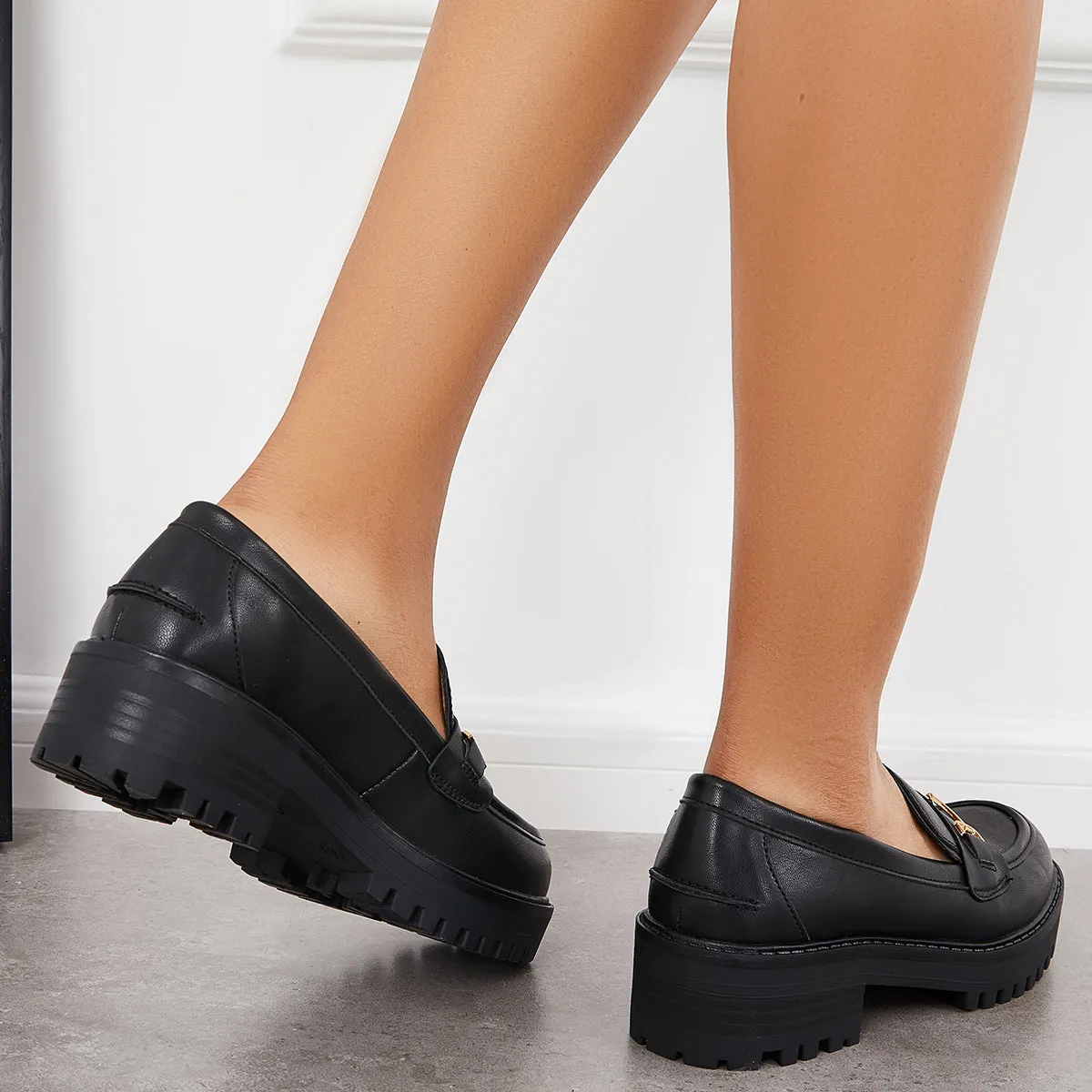 Women Platform Chunky Heel Penny Loafers Round Toe Lug Sole Work Shoes