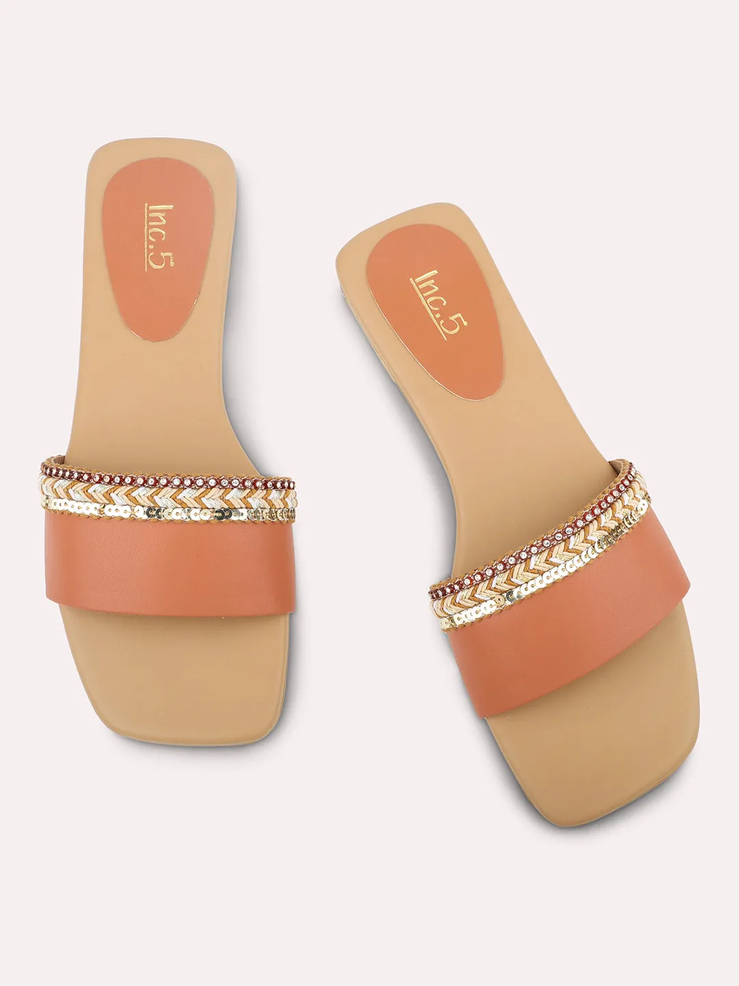 Women Tan Open Toe Flats