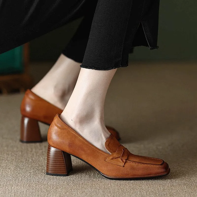 Women's Handmade Retro Square-Toe Block-Heel Loafers in Apricot/Yellow Brown