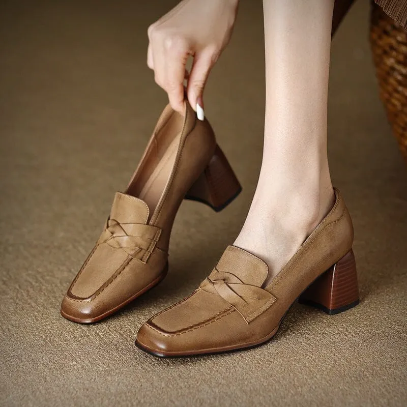 Women's Handmade Retro Square-Toe Block-Heel Loafers in Apricot/Yellow Brown