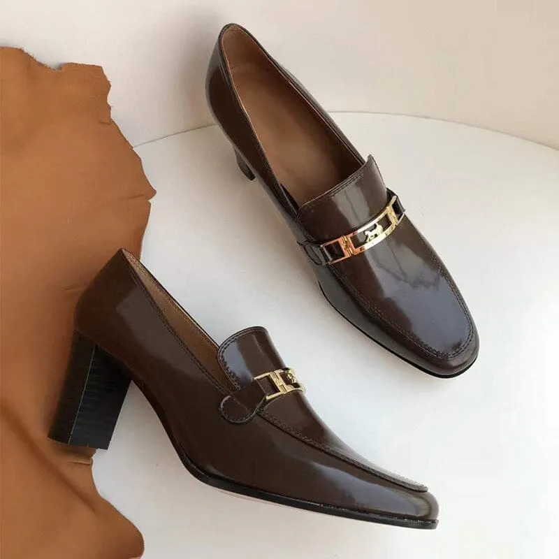 Women's Handmade Retro Square-Toe Blok-Heel Loafers in Black/Coffee/Khaki