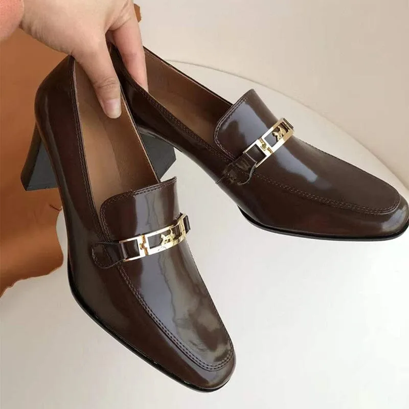 Women's Handmade Retro Square-Toe Blok-Heel Loafers in Black/Coffee/Khaki