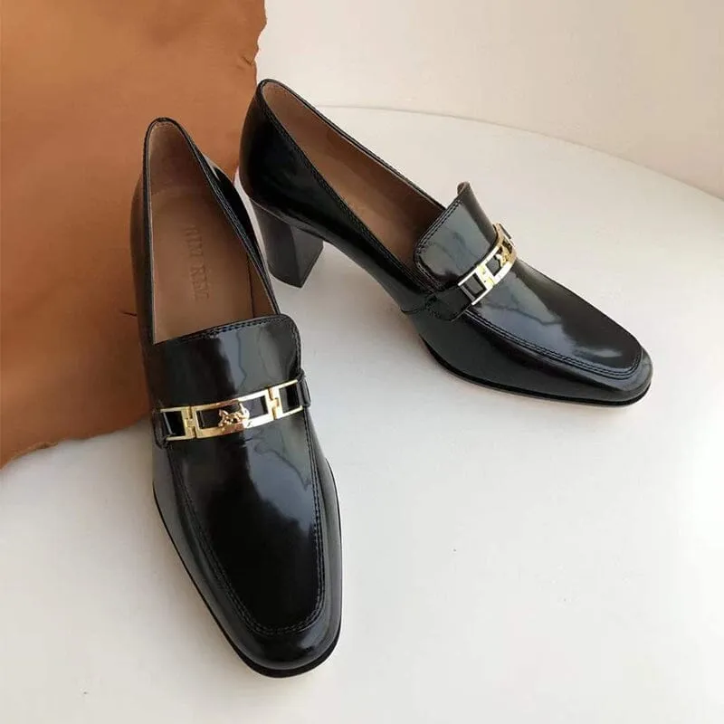 Women's Handmade Retro Square-Toe Blok-Heel Loafers in Black/Coffee/Khaki