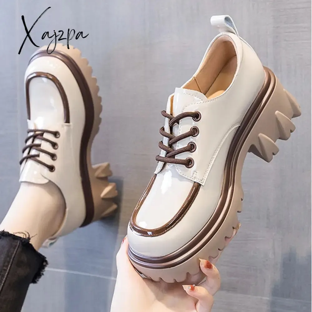 Xajzpa - British Style Chunky Platform Pumps Women 2023 Spring Lace Up Thick Heels Loafers Woman Round Toe Patent Leather Shoes