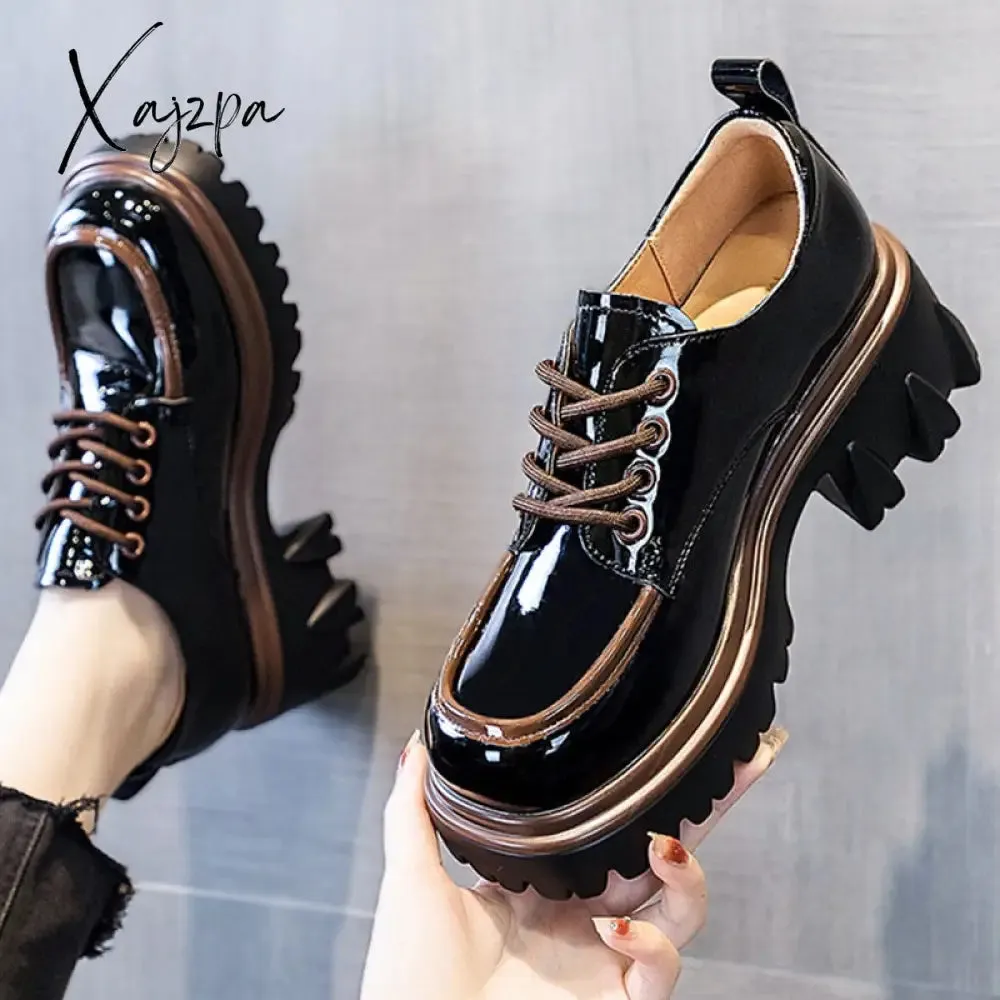 Xajzpa - British Style Chunky Platform Pumps Women 2023 Spring Lace Up Thick Heels Loafers Woman Round Toe Patent Leather Shoes