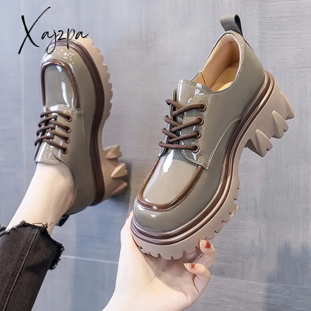 Xajzpa - British Style Chunky Platform Pumps Women 2023 Spring Lace Up Thick Heels Loafers Woman Round Toe Patent Leather Shoes