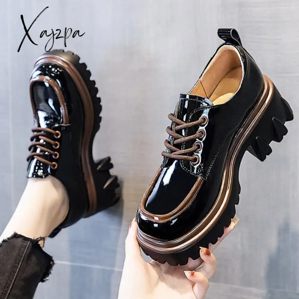 Xajzpa - British Style Chunky Platform Pumps Women 2023 Spring Lace Up Thick Heels Loafers Woman Round Toe Patent Leather Shoes