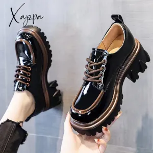 Xajzpa - British Style Chunky Platform Pumps Women Autumn Lace Up Thick Heels Loafers Woman Round Toe Patent Leather Shoes