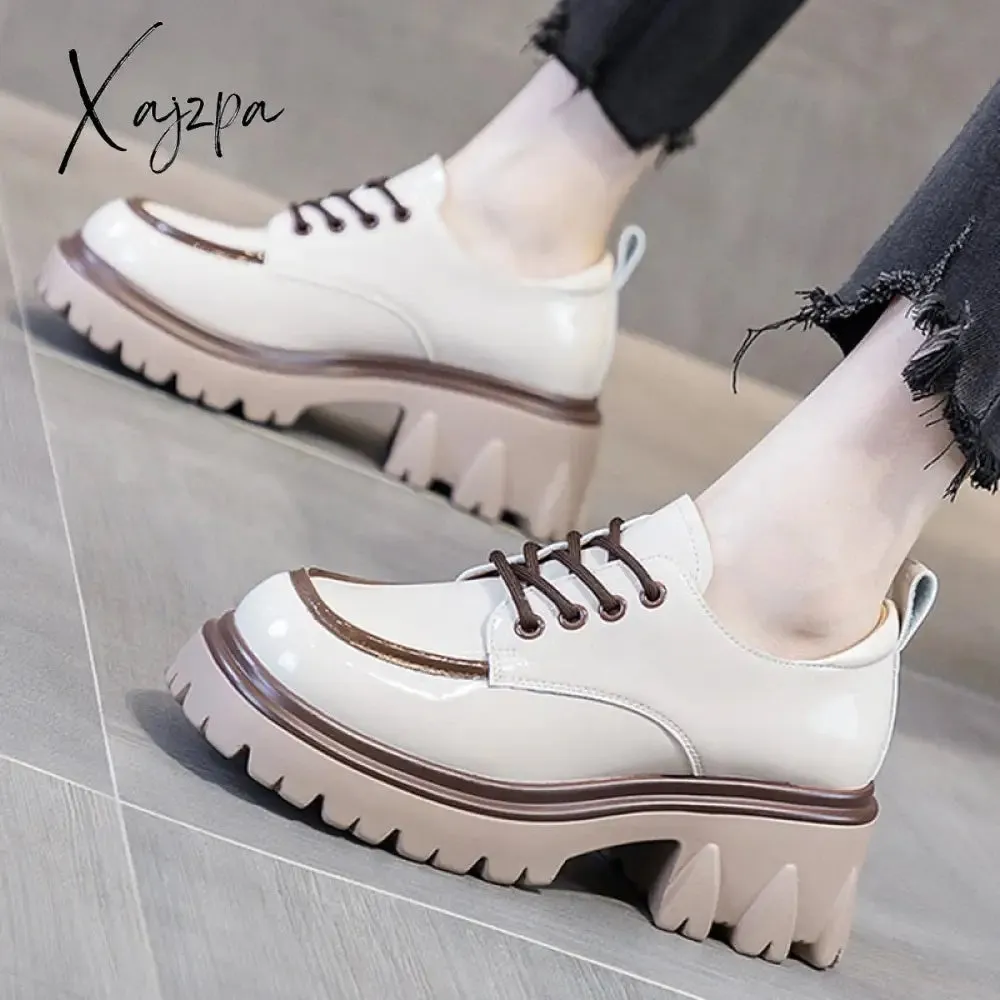 Xajzpa - British Style Chunky Platform Pumps Women Autumn Lace Up Thick Heels Loafers Woman Round Toe Patent Leather Shoes