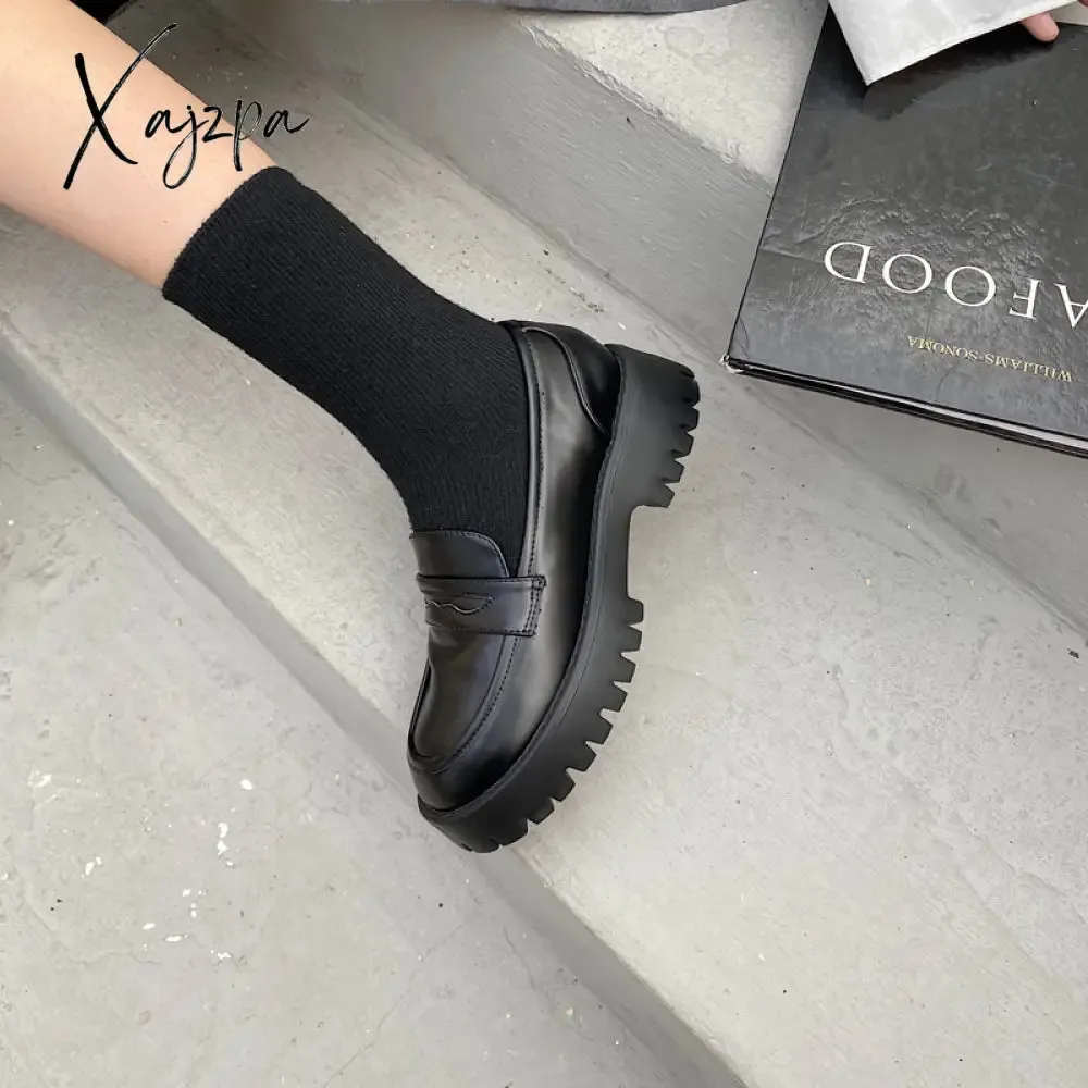 Xajzpa - New Boussac Black Punk Platform Women Loafers Round Toe Chunky Heel Vintage Shoes Women Slip on High Heel Women Pumps