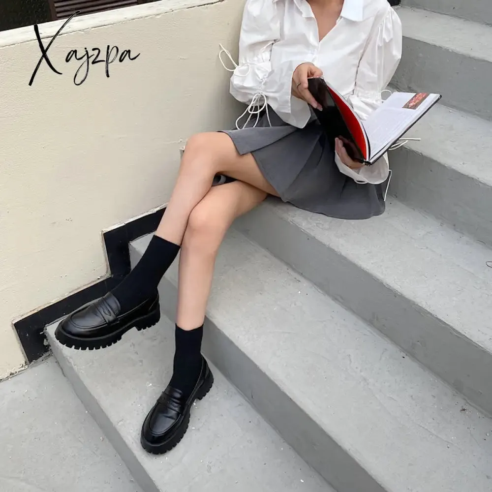 Xajzpa - New Boussac Black Punk Platform Women Loafers Round Toe Chunky Heel Vintage Shoes Women Slip on High Heel Women Pumps