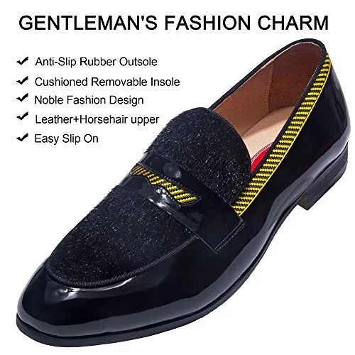 XQWFH Men's Fashion Formal Leather Loafers and Wedding Dress Shoes for Men with Yellow Plaid, Penny Slip-On Smoking Luxury Men Shoes (Black)